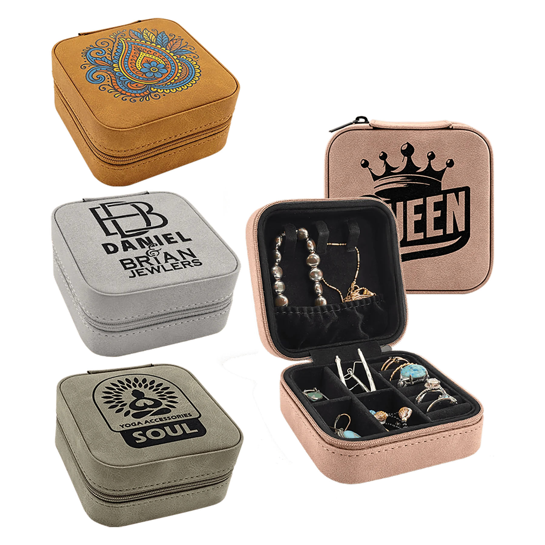 Travel Jewelry Box - , Creekside Collection, 4" × 4", (leatherette) — custom laser engraved — ECHIPMUNK