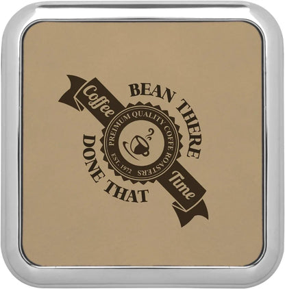 3.625" × 3.625" Light Brown Coaster w/Silver Edge (faux leather & plastic & metal) — custom laser engraved — ECHIPMUNK