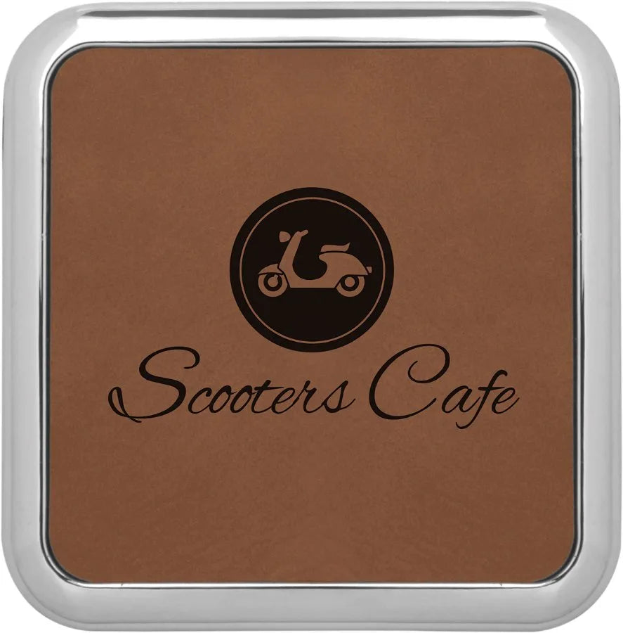 3.625" × 3.625" Dark Brown Coaster w/Silver Edge (faux leather & plastic & metal) — custom laser engraved — ECHIPMUNK