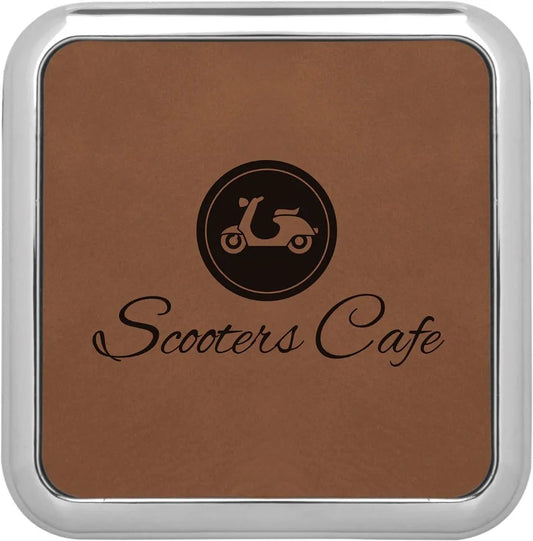 3.625" × 3.625" Dark Brown Coaster w/Silver Edge (faux leather & plastic & metal) — custom laser engraved — ECHIPMUNK