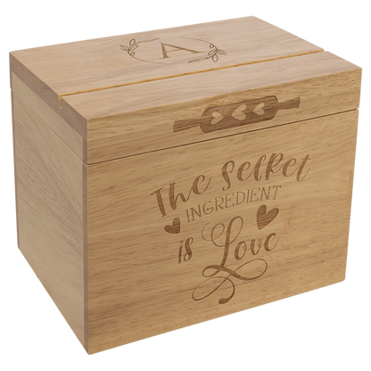 Recipe Card Wood Box (Recipe Cards Not Included) (rubber wood) — custom laser engraved — ECHIPMUNK