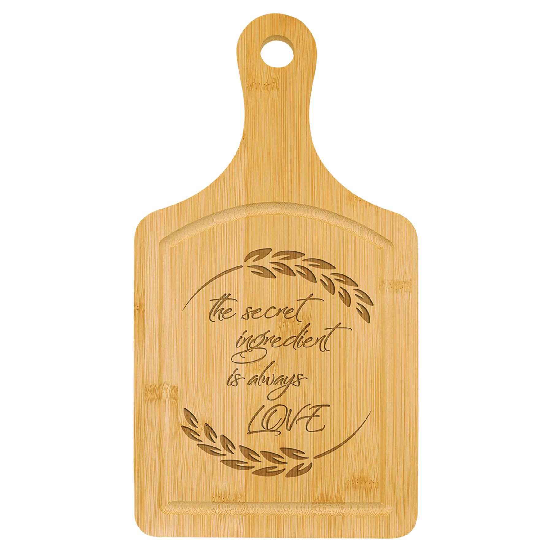 13.5" × 7" Bamboo Cutting Board Paddle Shape with Drip Ring (bamboo) — custom laser engraved — ECHIPMUNK
