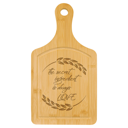 13.5" × 7" Bamboo Cutting Board Paddle Shape with Drip Ring (bamboo) — custom laser engraved — ECHIPMUNK