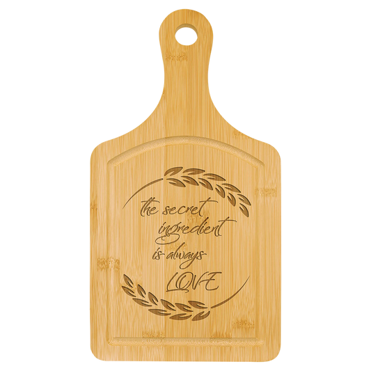 13.5" × 7" Bamboo Cutting Board Paddle Shape with Drip Ring (bamboo) — custom laser engraved — ECHIPMUNK