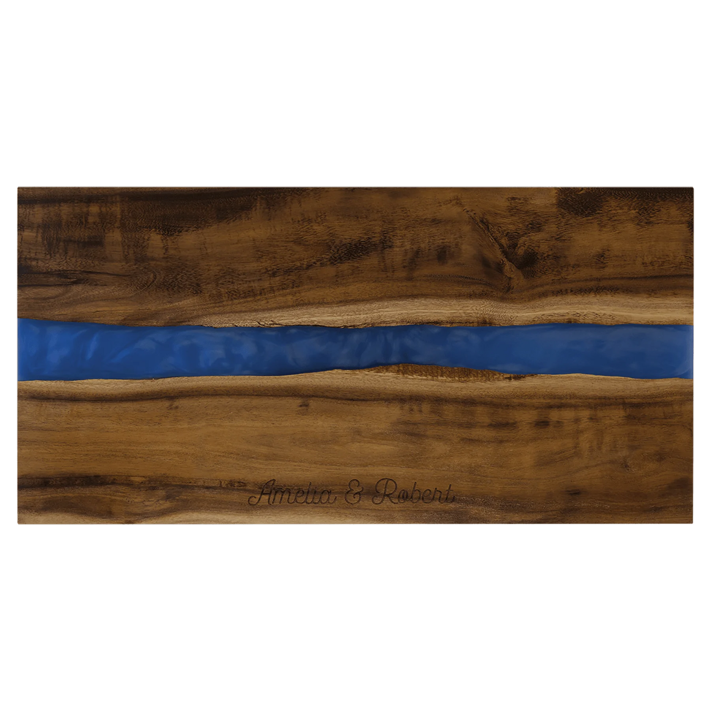 18" × 9" Acacia with Blue Pearl Resin Serving Board (acacia) — custom laser engraved — ECHIPMUNK
