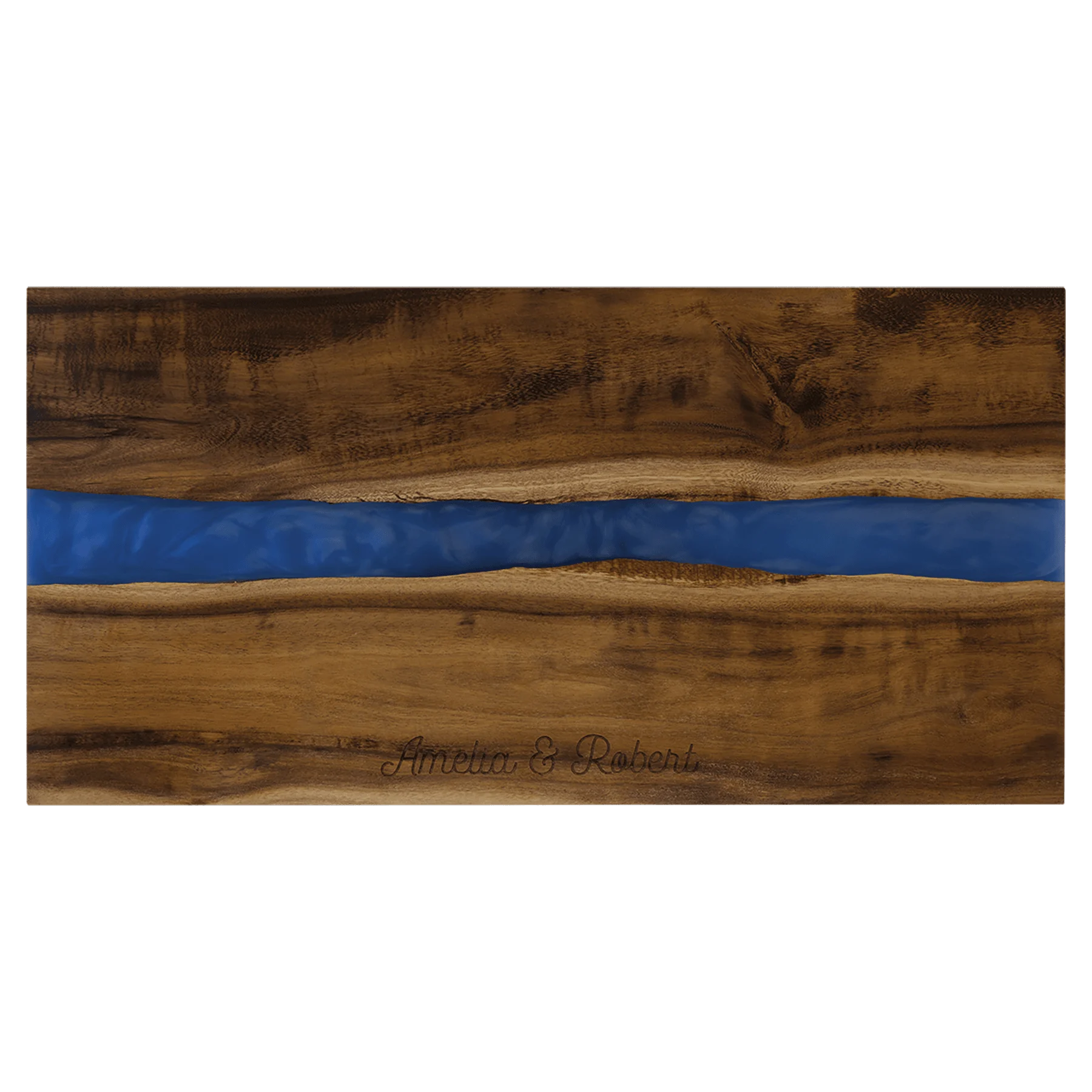 18" × 9" Acacia with Blue Pearl Resin Serving Board (acacia) — custom laser engraved — ECHIPMUNK