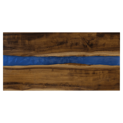 18" × 9" Acacia with Blue Pearl Resin Serving Board (acacia) — custom laser engraved — ECHIPMUNK