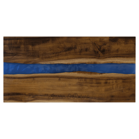 18" × 9" Acacia with Blue Pearl Resin Serving Board (acacia) — custom laser engraved — ECHIPMUNK