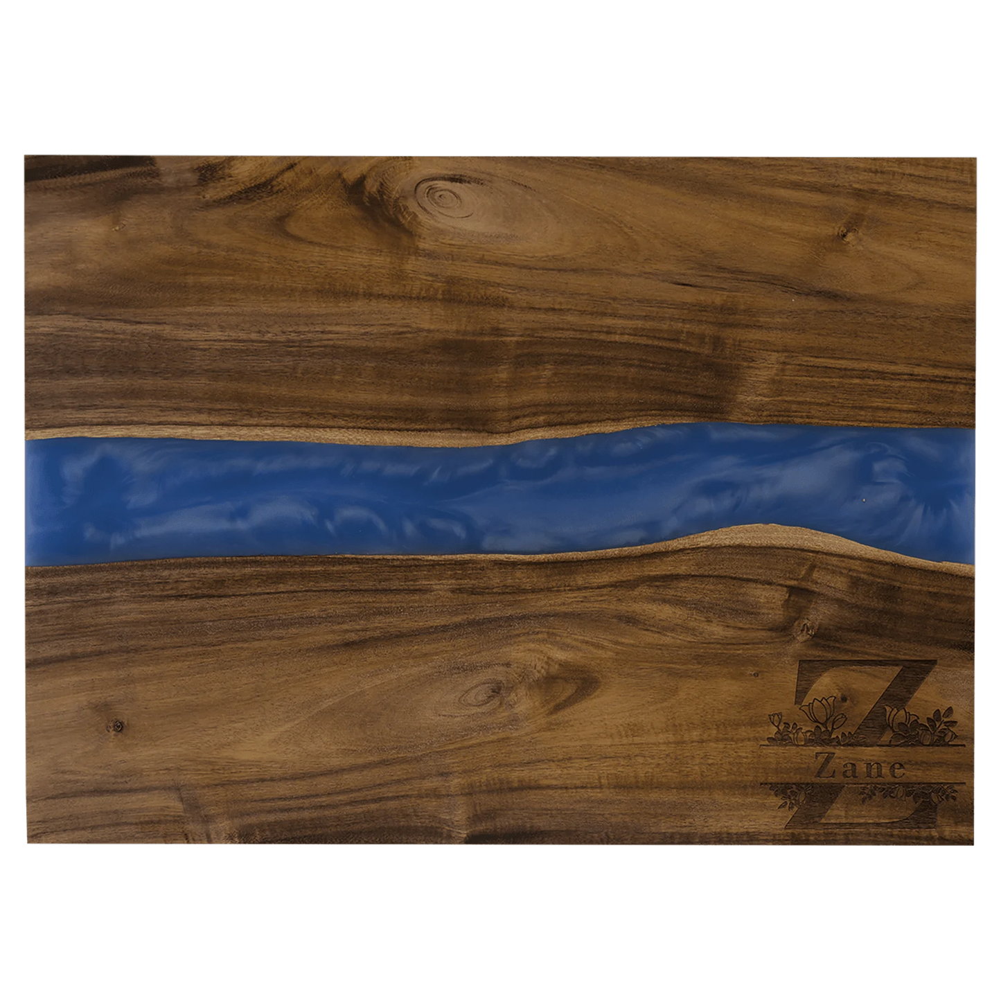 15.75" × 11.75" Acacia with Blue Pearl Resin Serving Board (acacia) — custom laser engraved — ECHIPMUNK