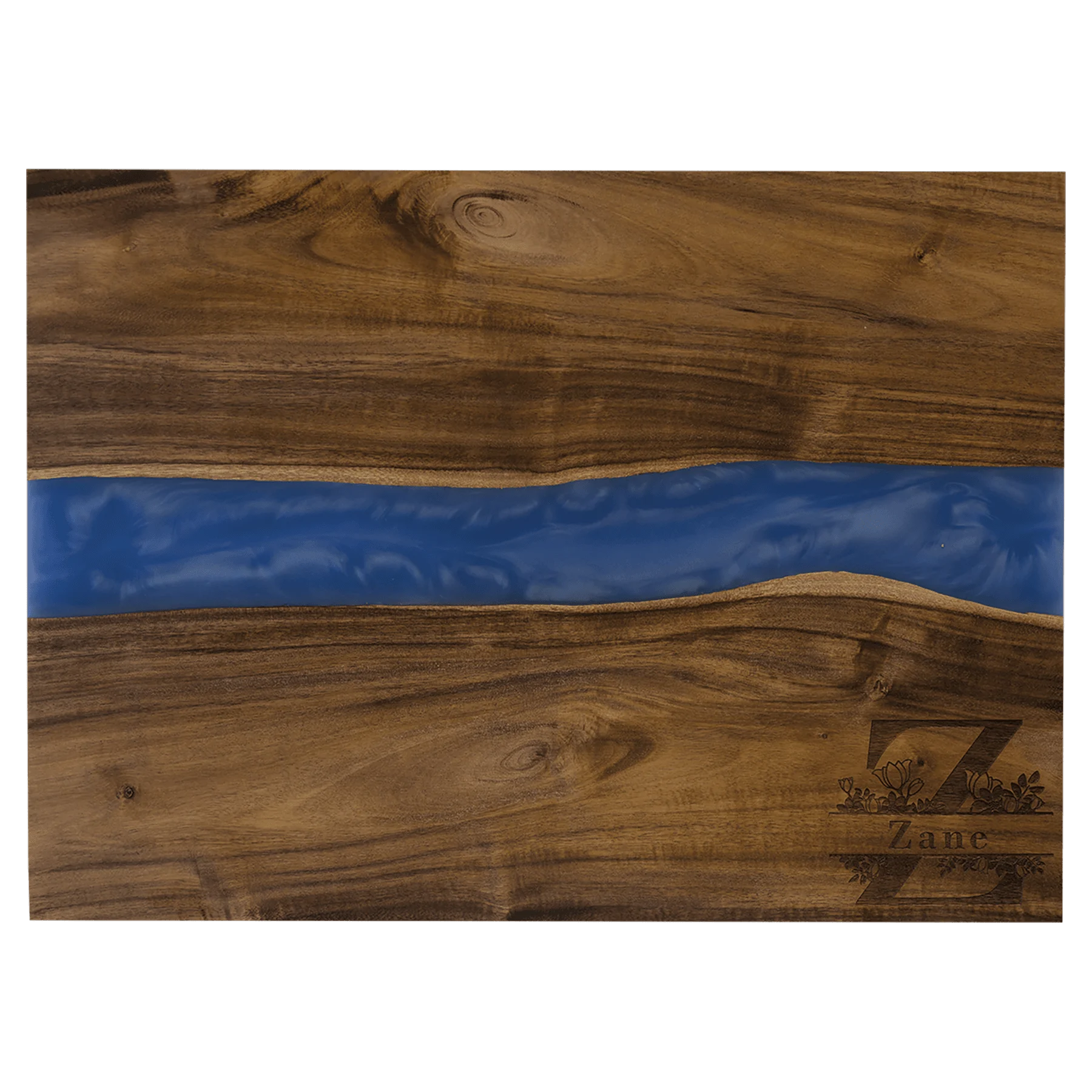 15.75" × 11.75" Acacia with Blue Pearl Resin Serving Board (acacia) — custom laser engraved — ECHIPMUNK