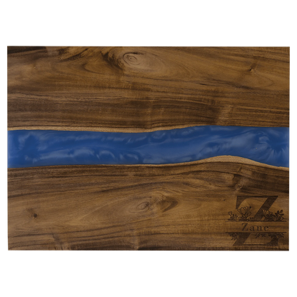 15.75" × 11.75" Acacia with Blue Pearl Resin Serving Board (acacia) — custom laser engraved — ECHIPMUNK