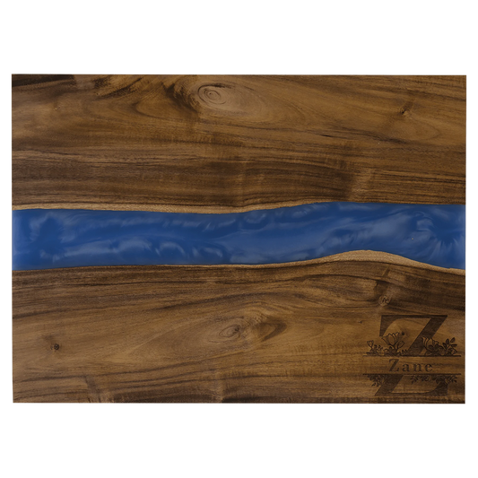 15.75" × 11.75" Acacia with Blue Pearl Resin Serving Board (acacia) — custom laser engraved — ECHIPMUNK
