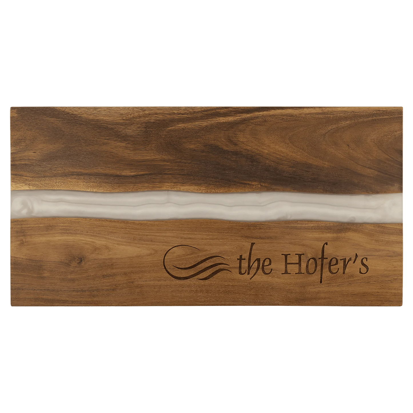 18" × 9" Acacia with White Pearl Resin Serving Board (acacia) — custom laser engraved — ECHIPMUNK