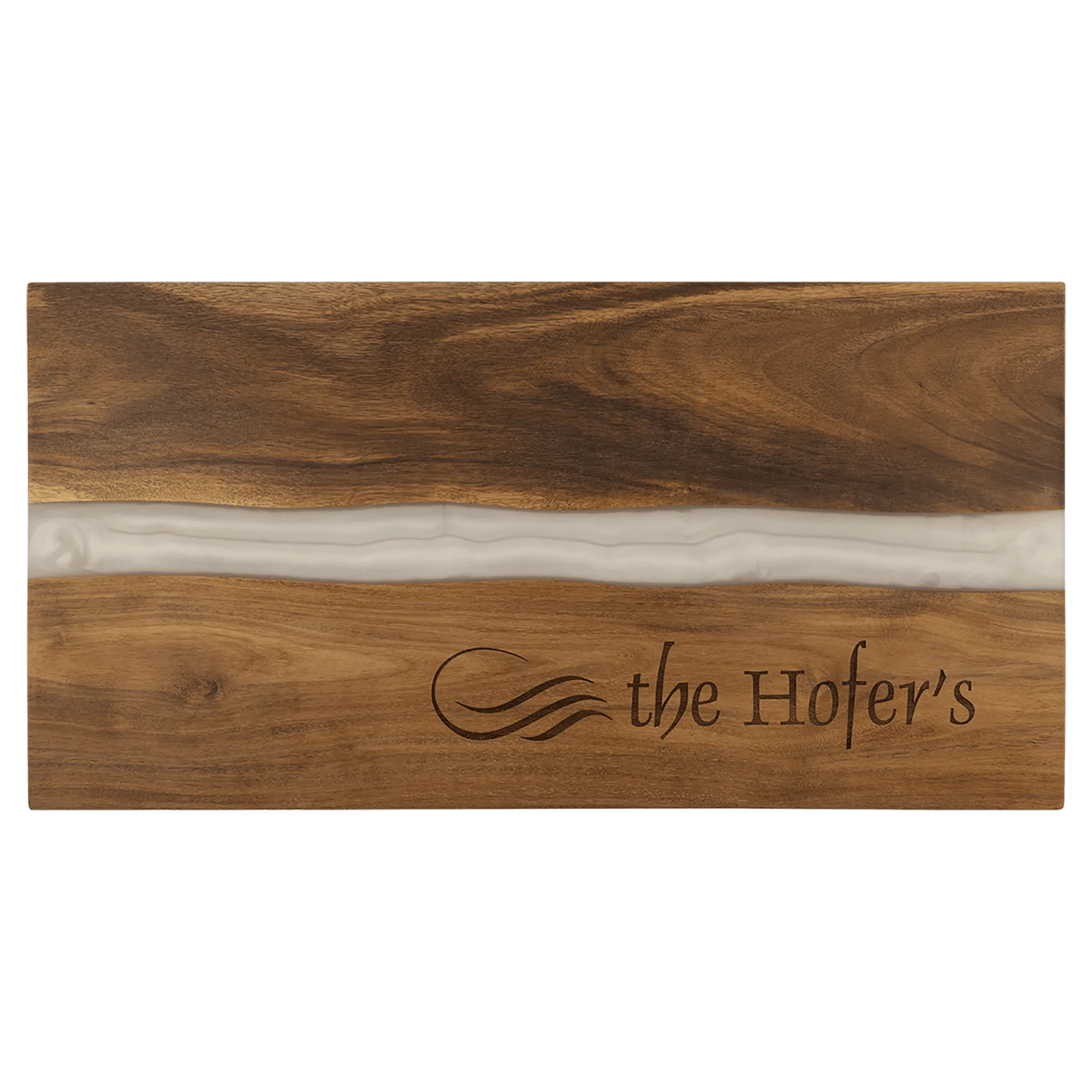 18" × 9" Acacia with White Pearl Resin Serving Board (acacia) — custom laser engraved — ECHIPMUNK