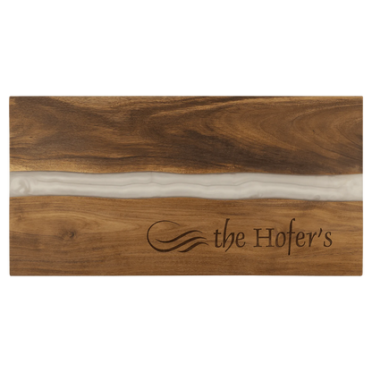 18" × 9" Acacia with White Pearl Resin Serving Board (acacia) — custom laser engraved — ECHIPMUNK