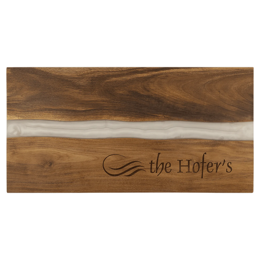 18" × 9" Acacia with White Pearl Resin Serving Board (acacia) — custom laser engraved — ECHIPMUNK