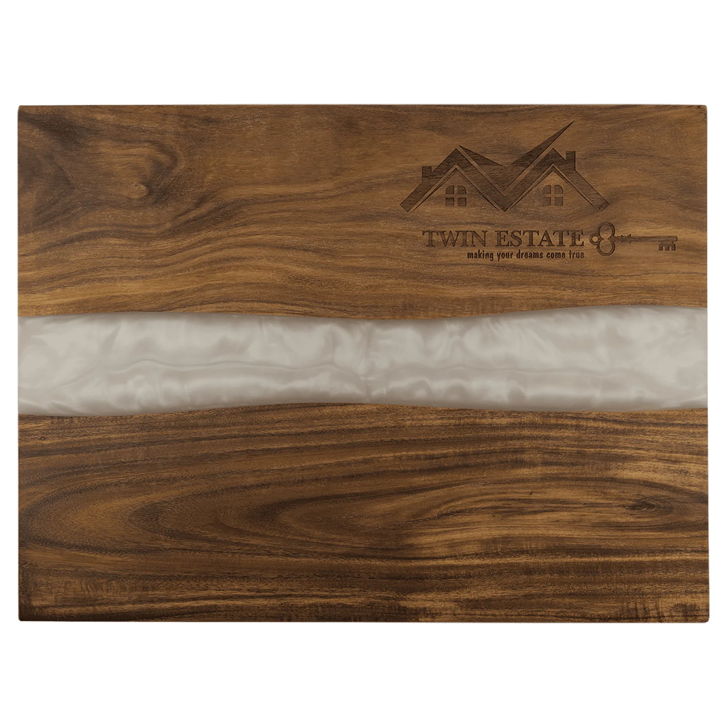 15.75" × 11.75" Acacia with White Pearl Resin Serving Board (acacia) — custom laser engraved — ECHIPMUNK