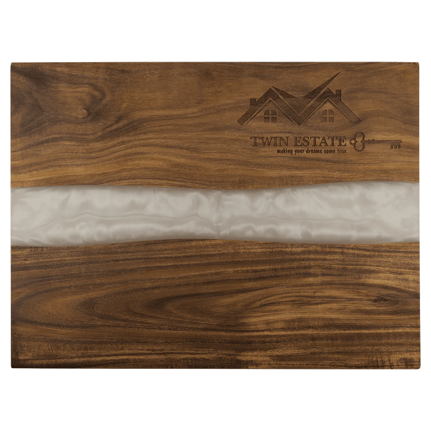15.75" × 11.75" Acacia with White Pearl Resin Serving Board (acacia) — custom laser engraved — ECHIPMUNK
