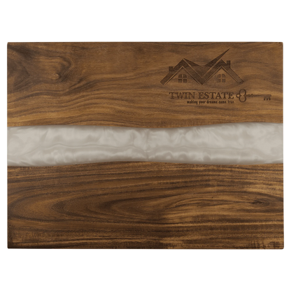 15.75" × 11.75" Acacia with White Pearl Resin Serving Board (acacia) — custom laser engraved — ECHIPMUNK