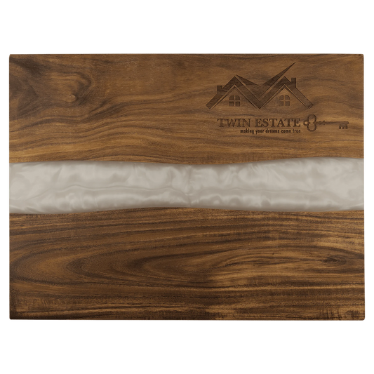 15.75" × 11.75" Acacia with White Pearl Resin Serving Board (acacia) — custom laser engraved — ECHIPMUNK