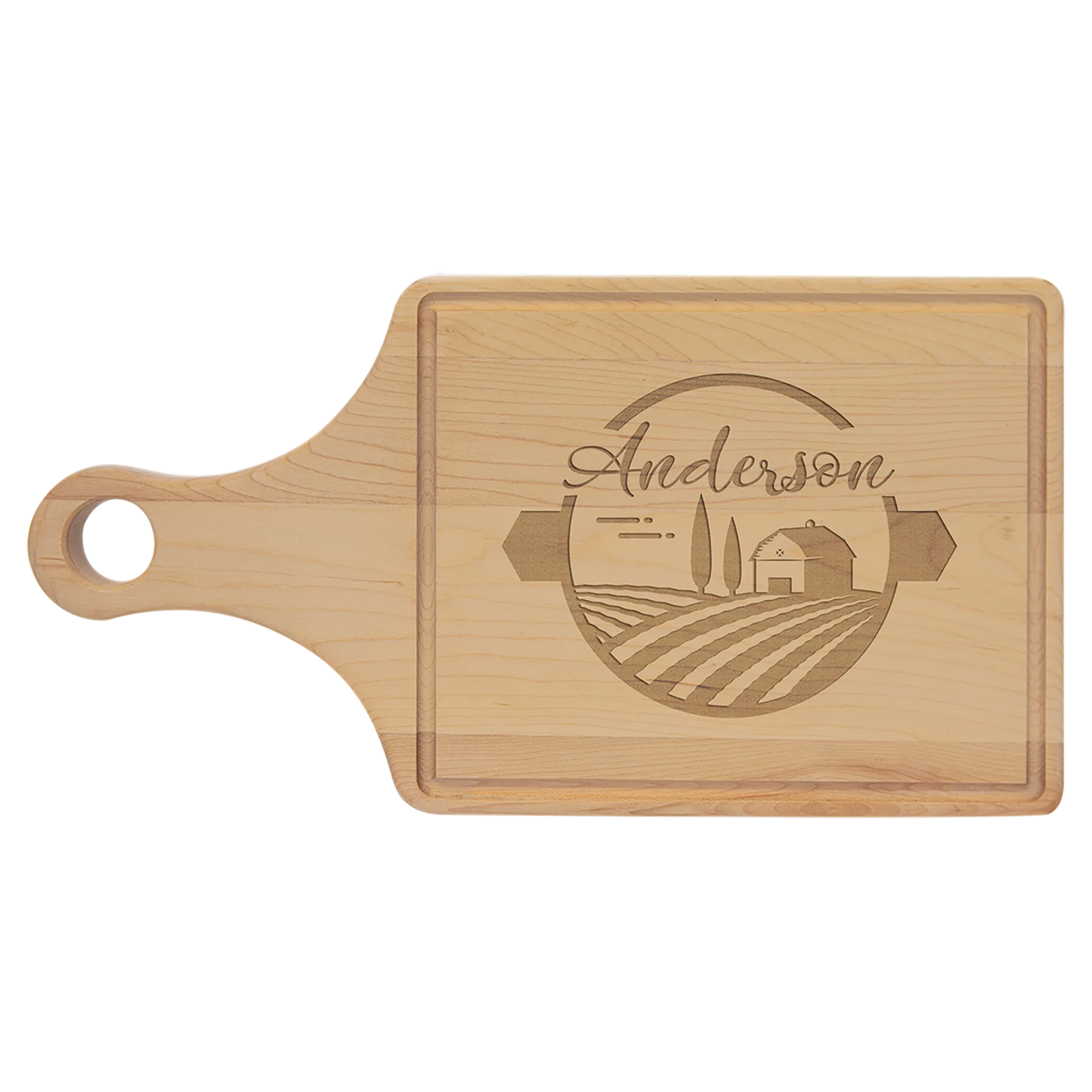 13.5" × 7" Maple Cutting Board Paddle Shape with Drip Ring (maple) — custom laser engraved — ECHIPMUNK