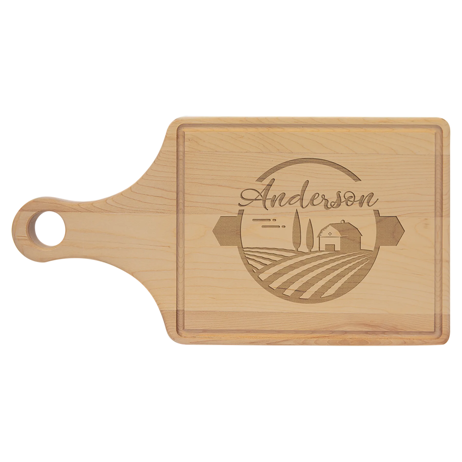 13.5" × 7" Maple Cutting Board Paddle Shape with Drip Ring (maple) — custom laser engraved — ECHIPMUNK