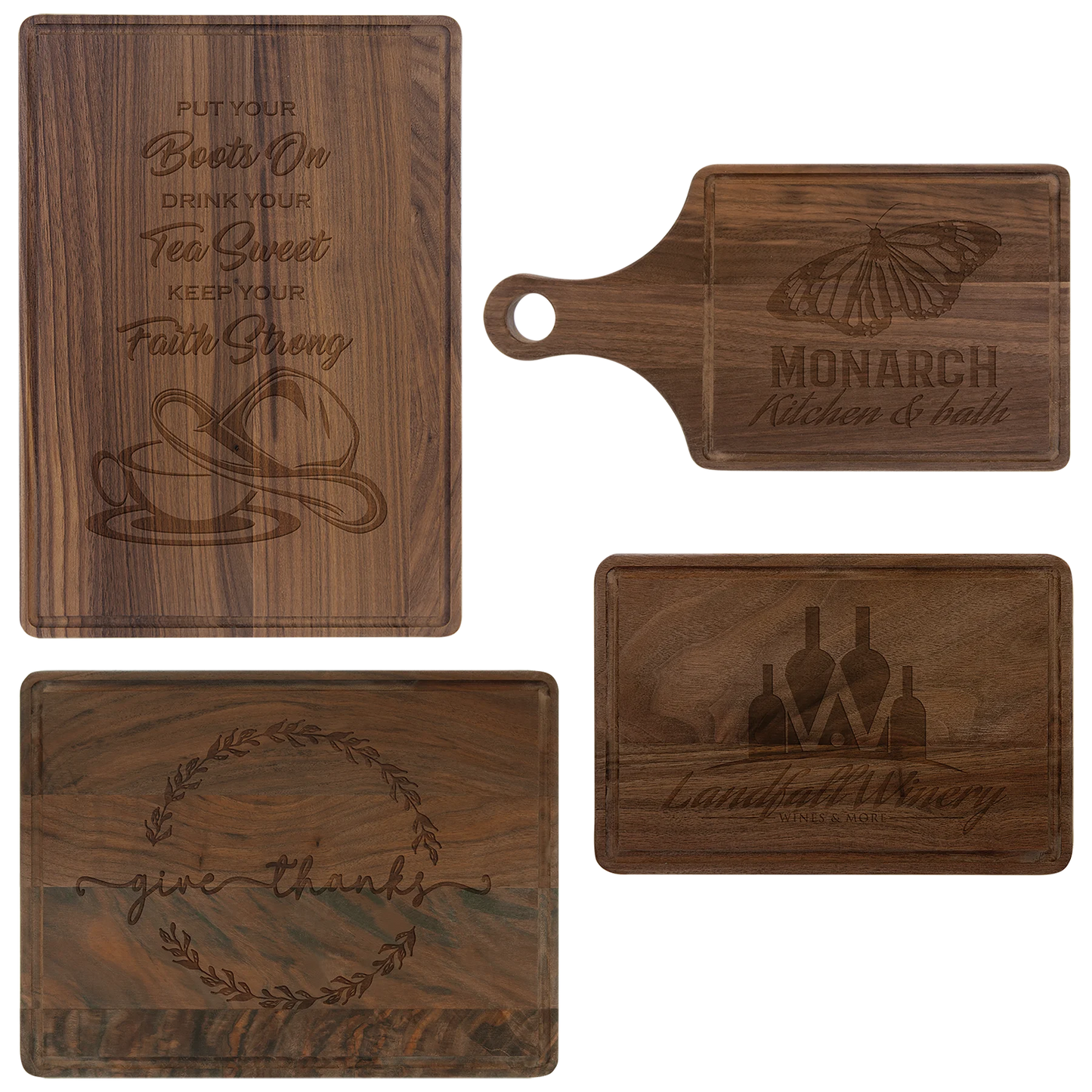 Walnut Cutting Board with Drip Ring (walnut) — custom laser engraved — ECHIPMUNK