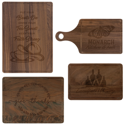 Walnut Cutting Board with Drip Ring (walnut) — custom laser engraved — ECHIPMUNK