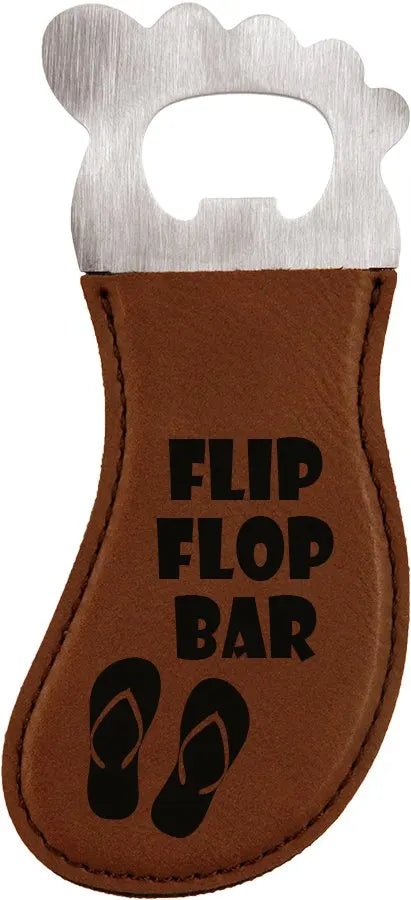 Dark Brown Foot Shaped Bottle Opener with Magnet (faux leather & stainless steel) — custom laser engraved — ECHIPMUNK