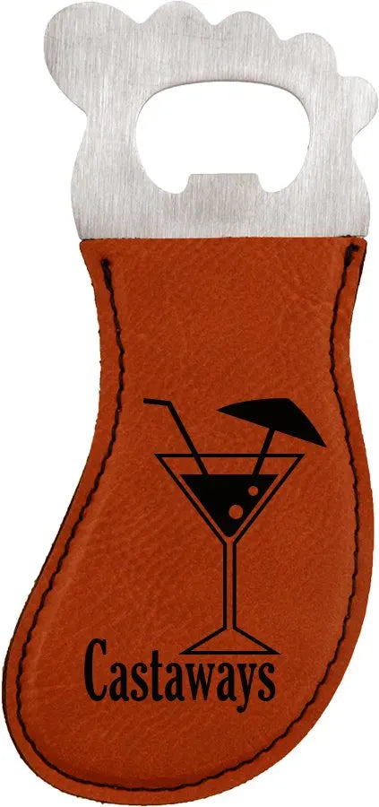 Rawhide Foot Shaped Bottle Opener with Magnet (faux leather & stainless steel) — custom laser engraved — ECHIPMUNK
