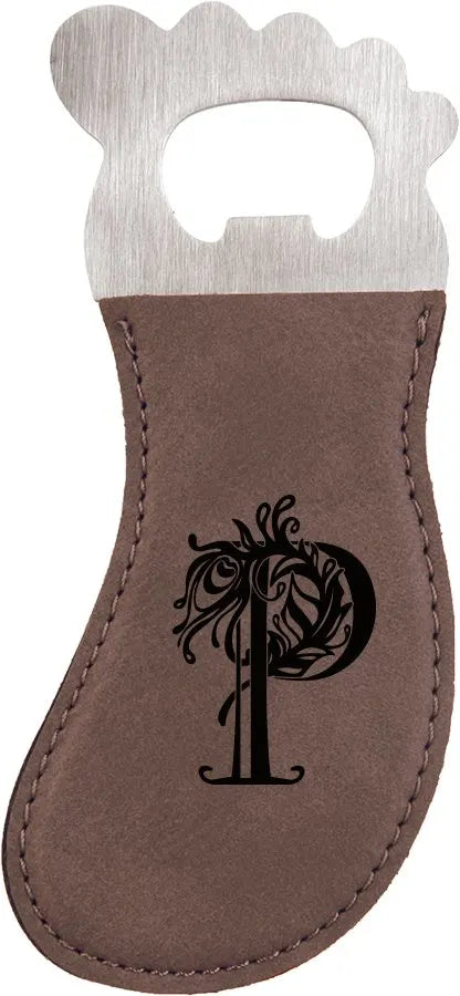 Gray Foot Shaped Bottle Opener with Magnet (faux leather & stainless steel) — custom laser engraved — ECHIPMUNK