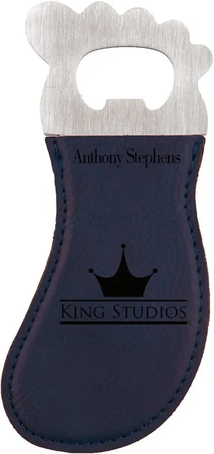 Blue/Back Foot Shaped Bottle Opener with Magnet (faux leather & stainless steel) — custom laser engraved — ECHIPMUNK