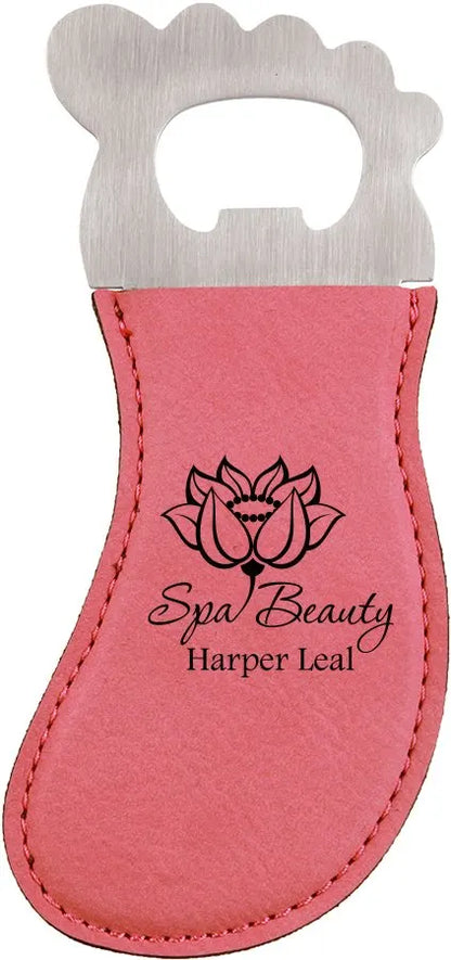 Pink Foot Shaped Bottle Opener with Magnet (faux leather & stainless steel) — custom laser engraved — ECHIPMUNK