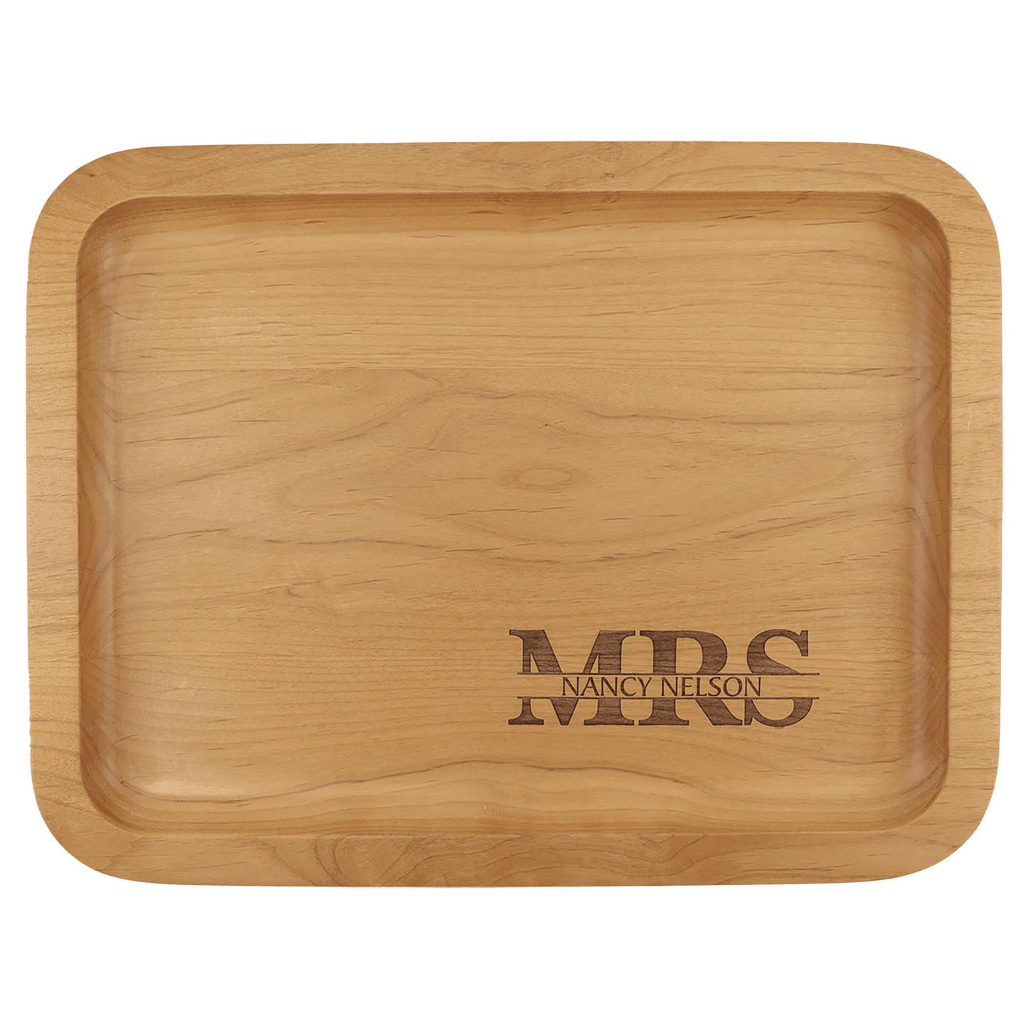 13.625" × 10.625" Alder Tray with 9" × 12" Recessed Center (genuine alder) — custom laser engraved — ECHIPMUNK