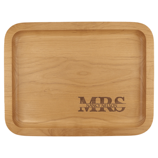 13.625" × 10.625" Alder Tray with 9" × 12" Recessed Center (genuine alder) — custom laser engraved — ECHIPMUNK