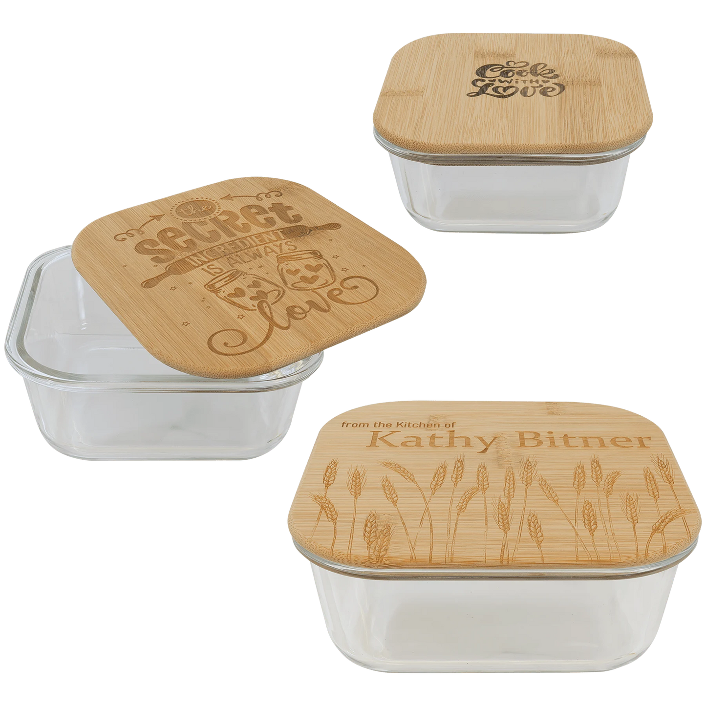Glass Container with Bamboo Lid (glass & bamboo) — custom laser engraved — ECHIPMUNK