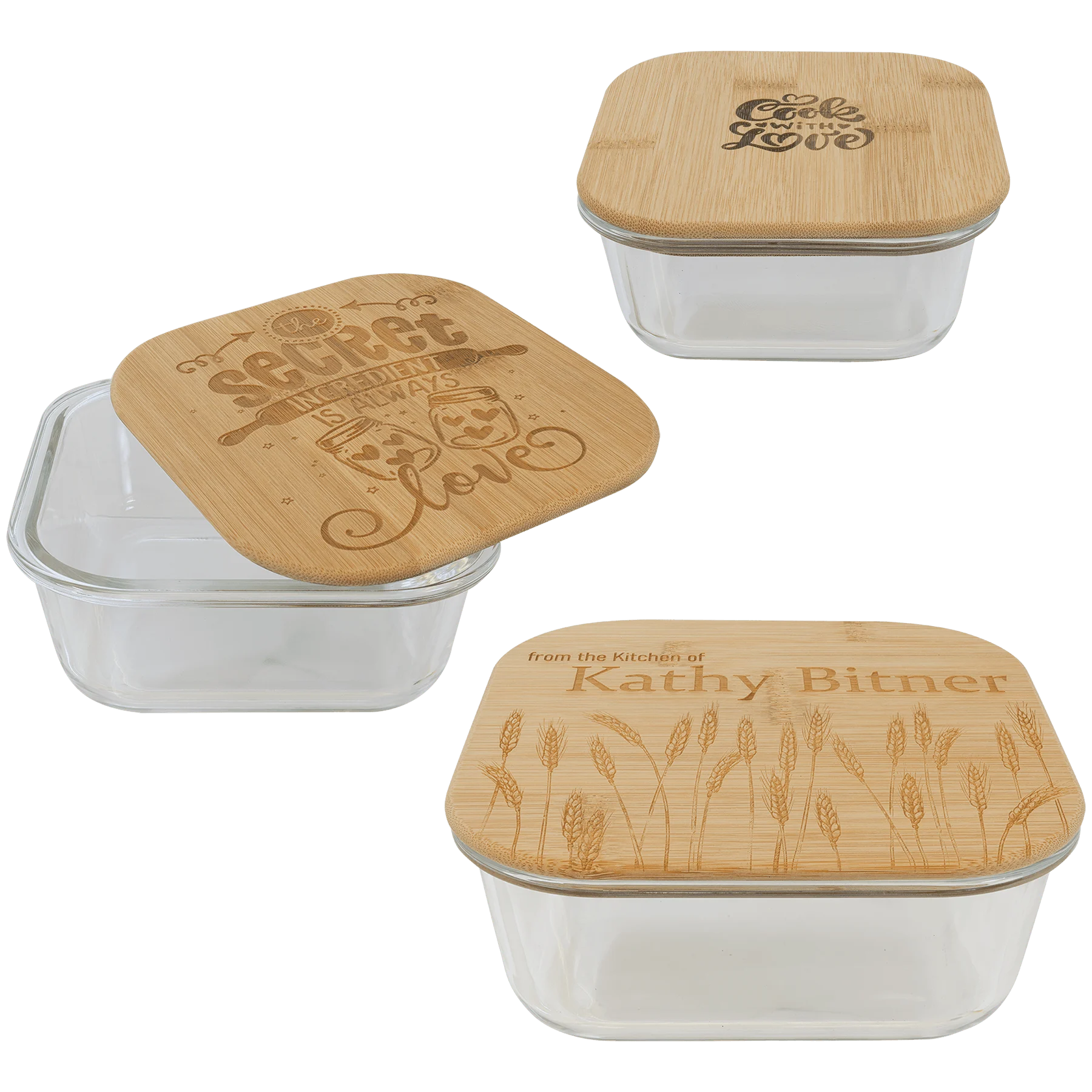 Glass Container with Bamboo Lid (glass & bamboo) — custom laser engraved — ECHIPMUNK