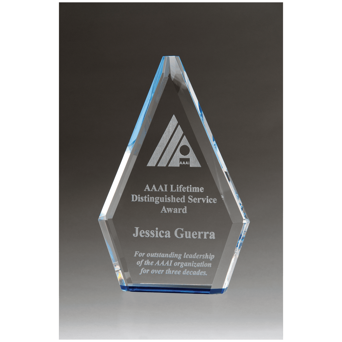 5 1/2" x 8" Flame Series Clear Crystal Award with Blue Accen               ted Bottom