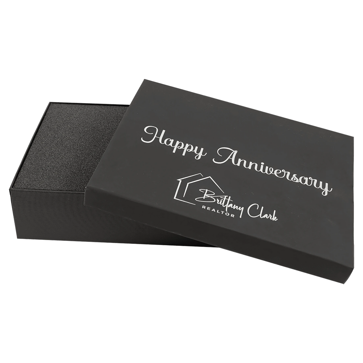 9.625" × 6.875" Black Lazerburst Gift Box-Lasers to Silver (cardboard & lazerburst & foam) — custom laser engraved — ECHIPMUN