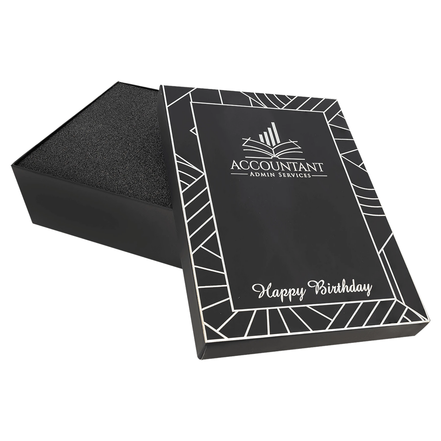 9.75" × 7.75" Black Laseerburst Gift Box-Lasers to Silver (cardboard & lazerburst & foam) — custom laser engraved — ECHIPMUNK