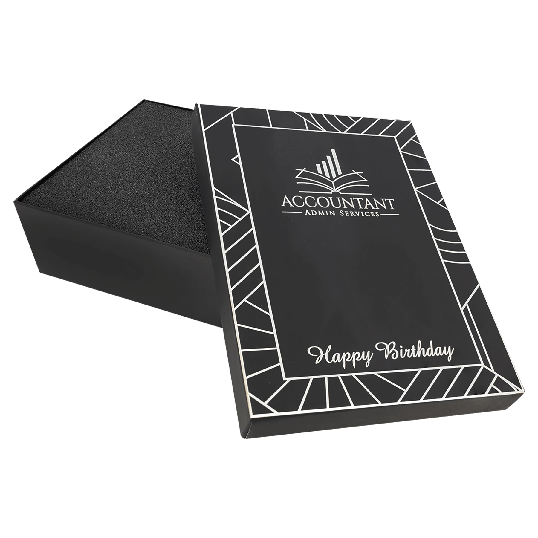9.75" × 7.75" Black Laseerburst Gift Box-Lasers to Silver (cardboard & lazerburst & foam) — custom laser engraved — ECHIPMUNK