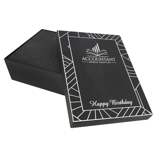 9.75" × 7.75" Black Laseerburst Gift Box-Lasers to Silver (cardboard & lazerburst & foam) — custom laser engraved — ECHIPMUNK