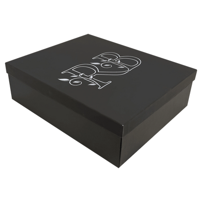 12.75" × 10.25" Black Lazerburst Gift Box-Lasers to Silver (cardboard & foam & satin) — custom laser engraved — ECHIPMUNK