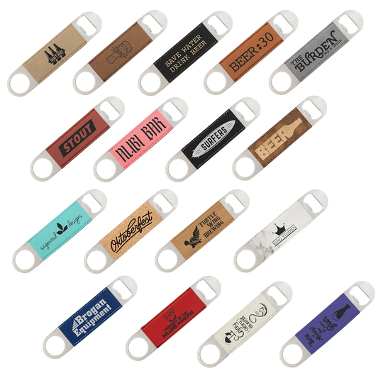 1.5" × 7" /Cork Bottle Opener (faux leather & stainless steel) — custom laser engraved — ECHIPMUNK