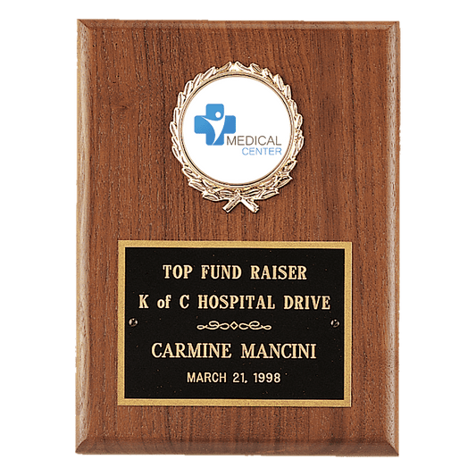 4 1/2" x 6" American Walnut Plaque with Gold Border Black Laserable Brass Plate and 2" Insert Holder- Witney Series (2" Inserts Sold Seperately)