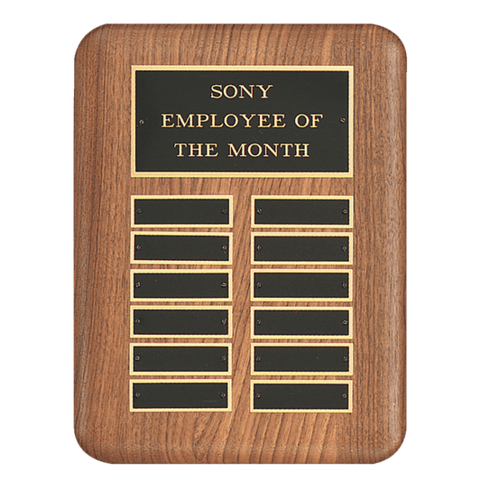 11" x 15" /Plates 7/8" x 2 3/4" American Walnut 24 Plate Perpetual Plaque with Black Brass Header Plate