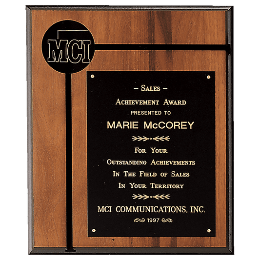 7" x 9" American Walnut Routed Plaque w/Black Brass Plate and 2 1/2" Black Brass Disc