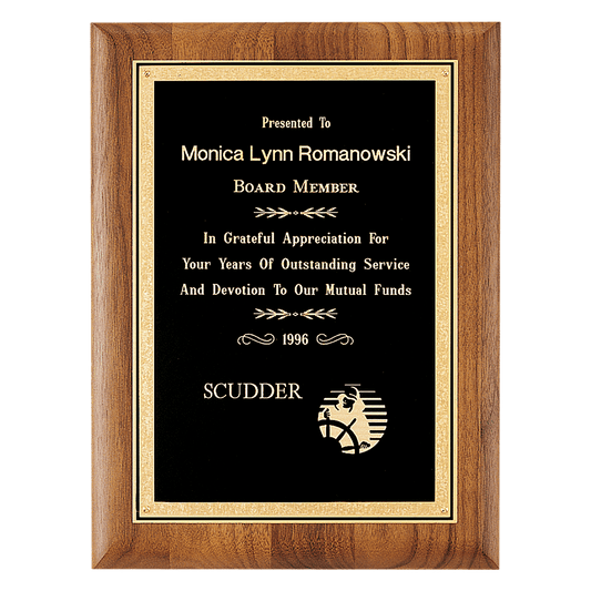 7" x 9" Coventry Series American Walnut Plaque with Gold Florentine Border Textured Black LaserFX Plate
