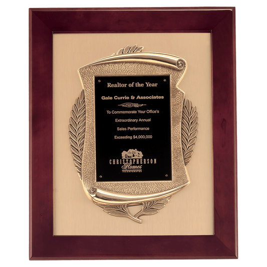 14" x 17" Rosewood Piano Finish Frame with Antique Bronze Casting          with Black LaserFX Plate on Brushed Gold Metal Background