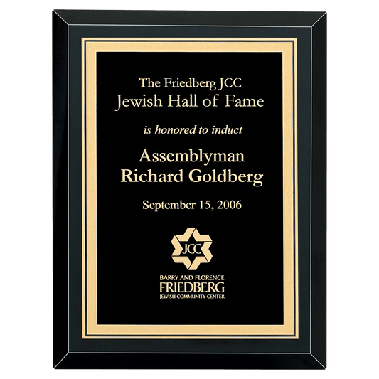 9" x 12" Airflyte Premium Black Mirror Glass Plaque with Gold Florentine Border LaserFX Plate